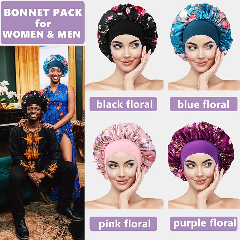 4 TEILE/LOS Satin Breite Krempe Floral Schlummertrunk Motorhaube Haar Wrap Nacht Schlafen Schlaf Kappe Elastische Weiche Band Haarpflege Dusche hut – Detail 3