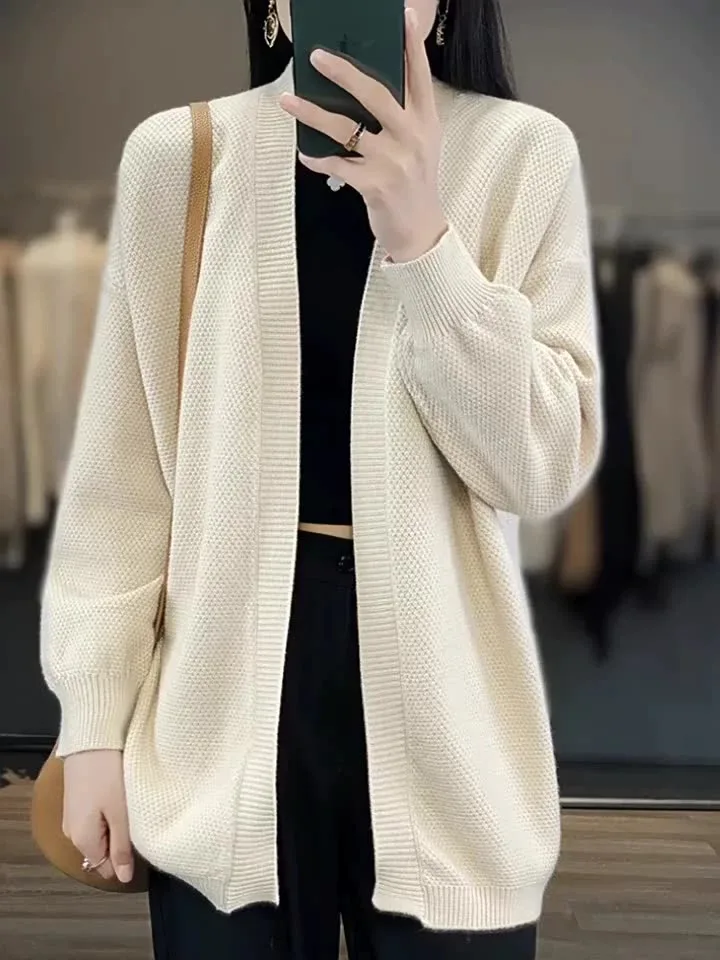 レディース ゆったり カジュアル ニット カーディガン ミディアム丈 ウール セーター Vネック ロングスリーブ シンプル スタイリッシュ 通勤 ファッション アウター