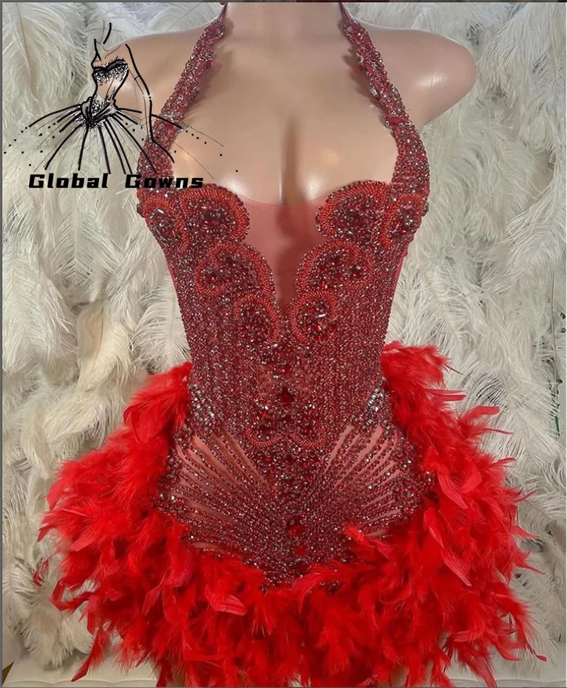 

Red Feathers Short Prom Dresses Black Girls Crystal Bead Birthday Party Dress Luxury 2024 Mini Cocktail Robe De Bal Customized