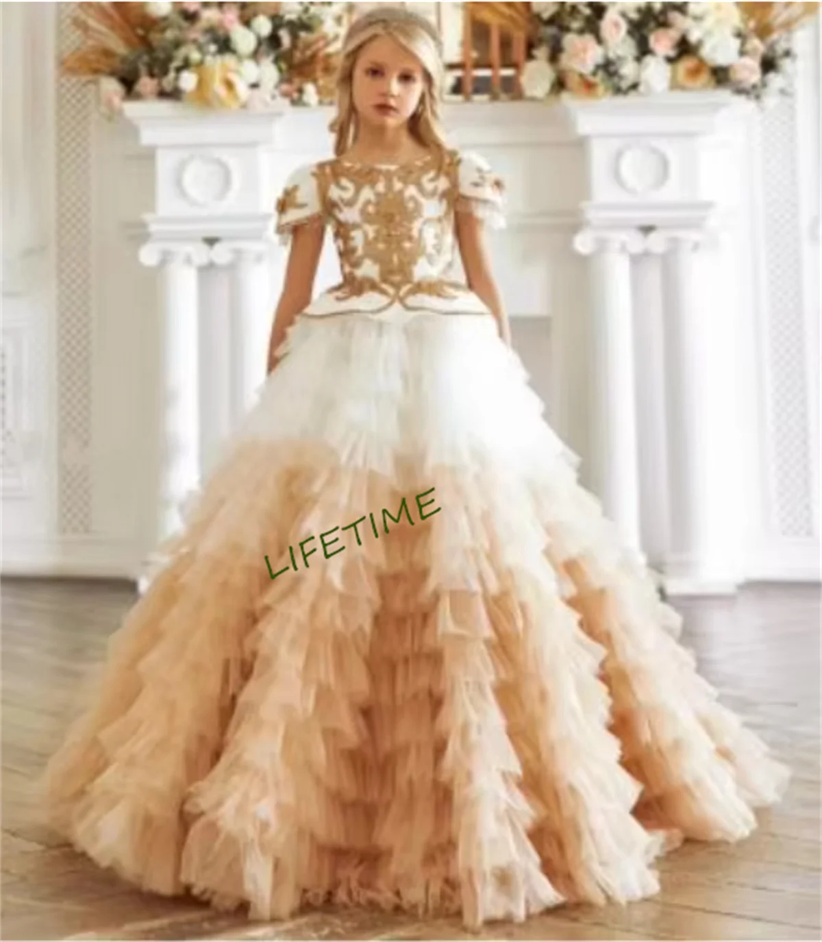 GorChampagne Flower Girl Dresses Cap Sleeves Tiered Golden Appliques Princess Birthday Pageant Gown Robe De Demoiselle