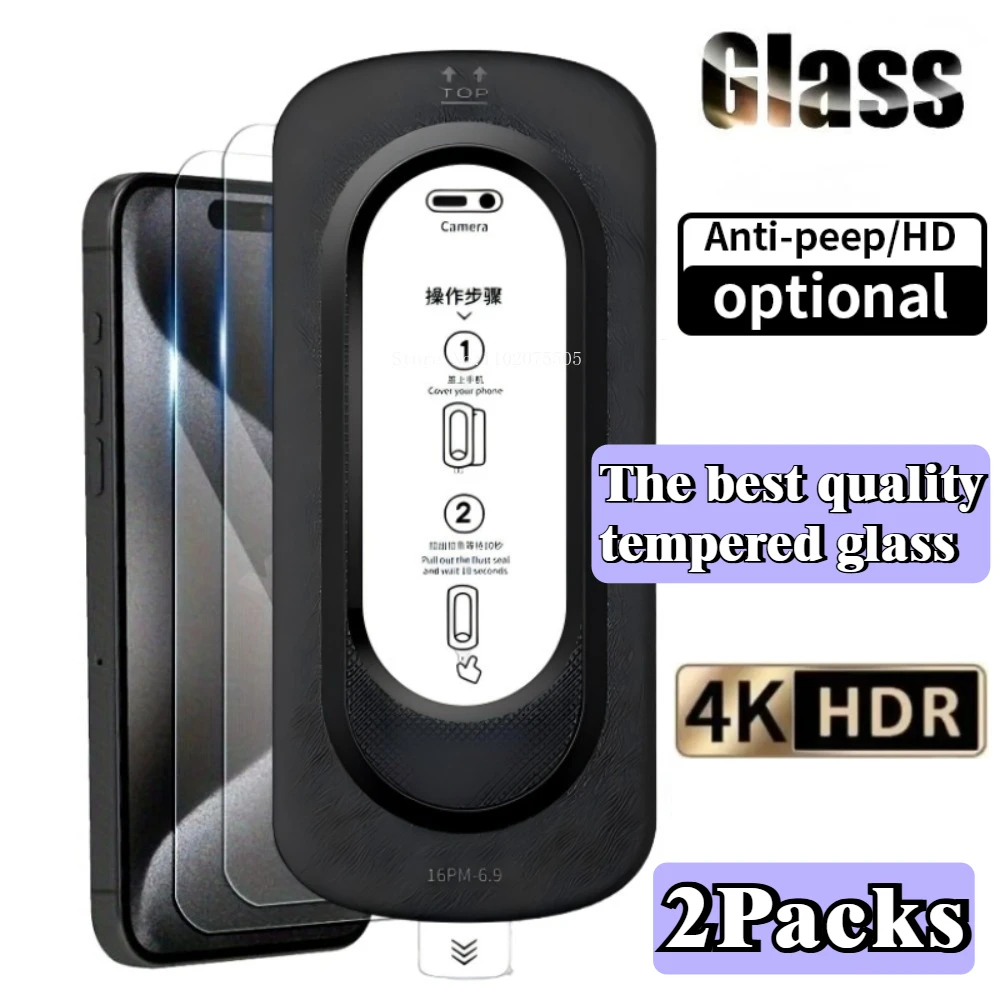 2Pcs Full Cover HD Tempered Glass for iPhone 16 15 14 Pro Max 13 12 11 Pro 15 14 Plus 17 Pro Max Easy Install Screen Protector