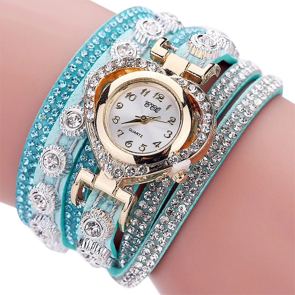 Women Fashion Quartz Wrist Watch Vintage Rhinestone Crystal Bracelet Dial Analog Watch Heart Diamond Circle Bracelet Watch