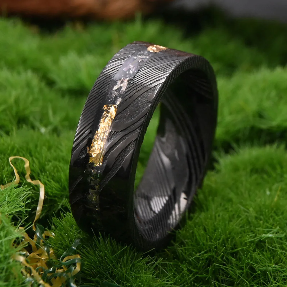 Damascus Steel Neutral Ring With Electric Black Tungsten And ‌Golden Foil Men's Ring Black Tungsten Engagement Rings