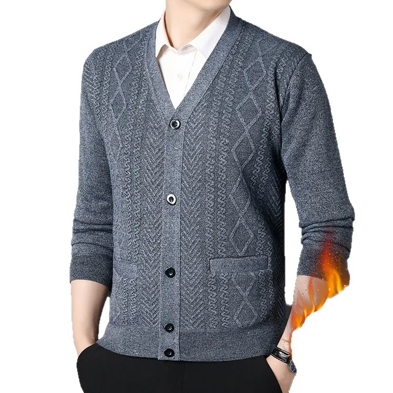 Autumn and Winter Velvet Thickened Men's Knitted Loose Casual Cardigan Sweater Jacket V-neck Outer Wear Warm  Mens Sweater