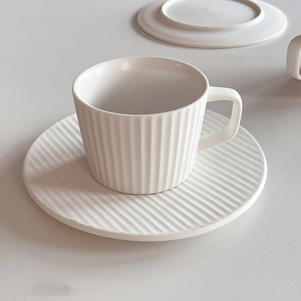 200ML Japanese Milk White Matte Coffee Cup Dish Solid Striped Latte Cup Cake Plate Household Afternoon Tea Cup And Saucer Set