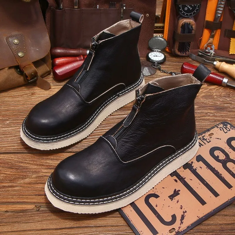 New Vintage Brown Black Ashion Ankle Outdoor Motorcycle Boots Men Genuine Leather Thick Sole Zipper Work Shoes Male High Top