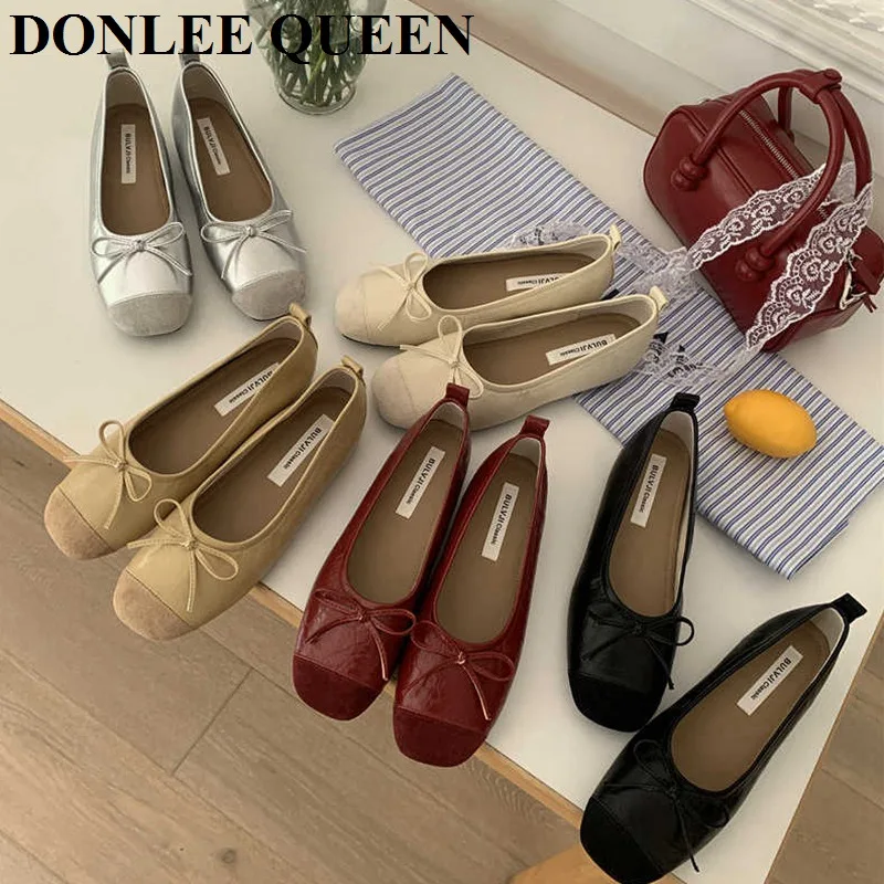 

2025 New Summer Women Flats Ballet Shoes Fashion Ballerinas Basic Soft Moccasin Brand Round Toe Low Heel Pumps Shallow Bow Mujer