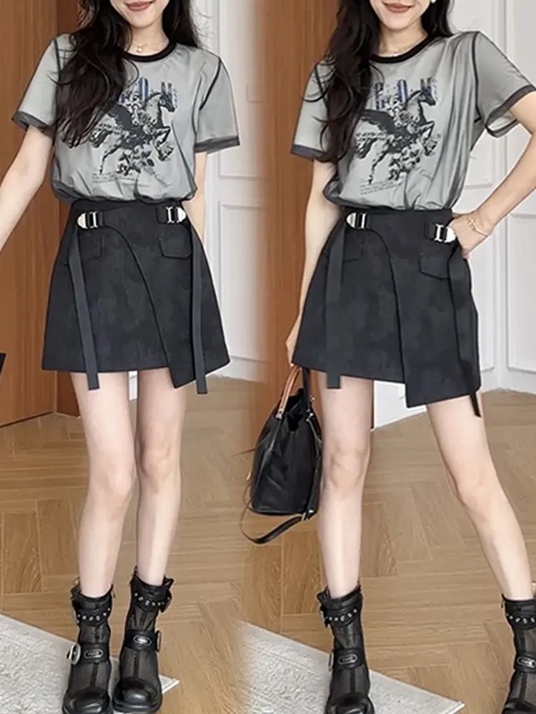 Summer Fashion Women's round Neck Short Sleeve T-Shirt Mesh Skort Set Irregular Design Breathable Casual Style Student Work U...