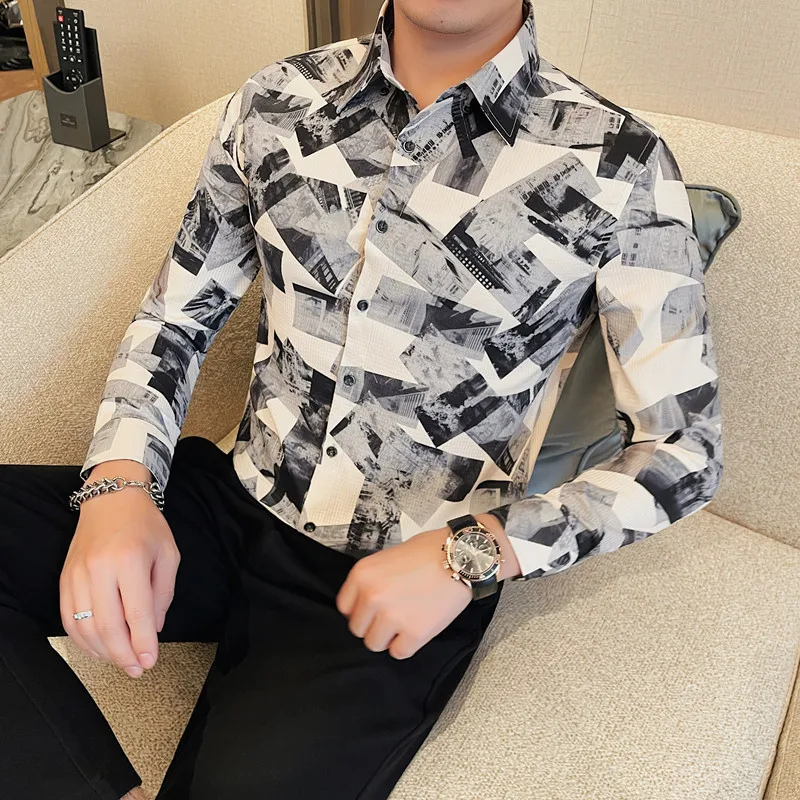 Korean Trend Printed Shirt for Men High-quality Slim Long Sleeved Shirt Casual Business Social Formal Dress Shirts Men Clothing