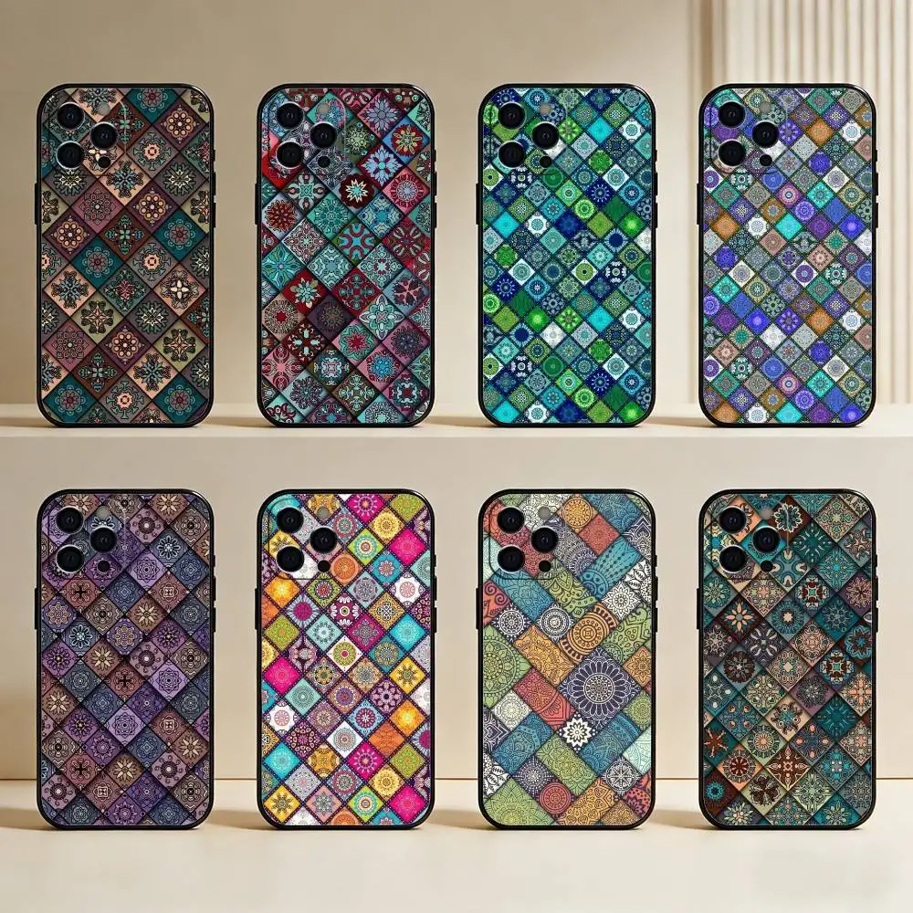 

Retro Art Pattern Phone Case For iPhone17,16,15,14,13,12 Plus,Max Soft Silicone Black Cover