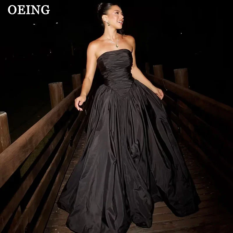 OEING Elegant Black A-Line Prom Dresses Strapless Simple Party Gowns Floor-Length Sleeveless Dress Customized