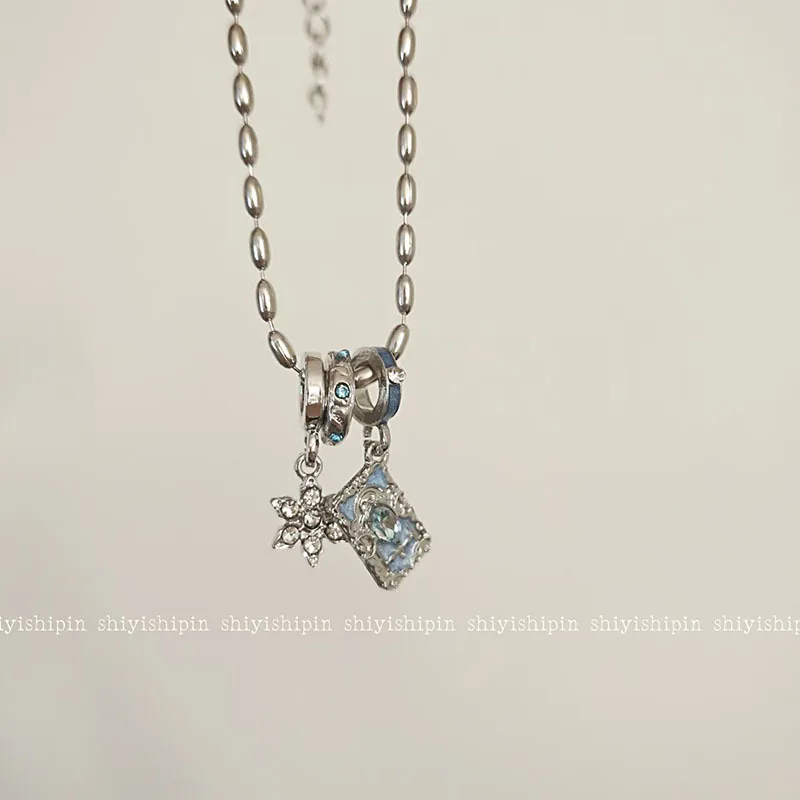 Vintage Blue Enamel Crystal Pendant Necklace Star Charm Bead Chain Women Fashion Jewelry