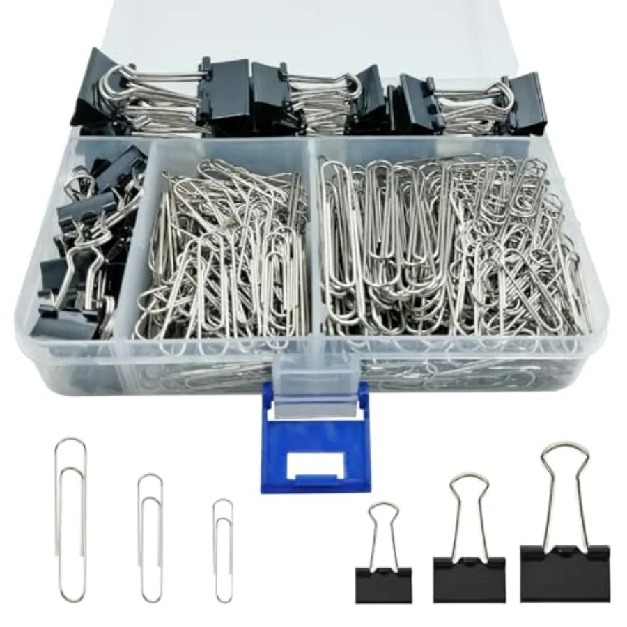340 PCS Paper Clips and Binder Clips Assorted Sizes, Large Medium Small Silver PaperclipsandBlack Binder Clip Set for HomeandSc