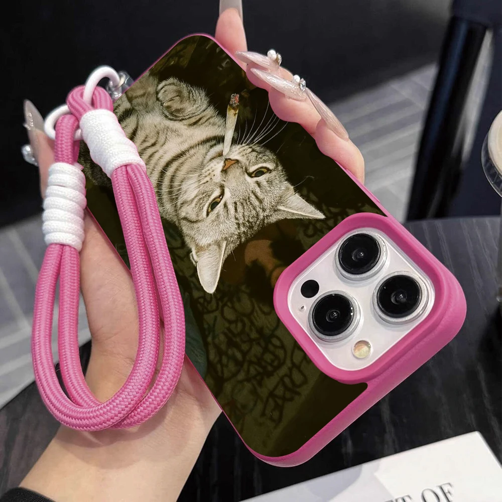 Smoking Kitten Strap Rope Phone Case For iPhone 17 16 15 14 13 12 Pro Max 16 15 14Plus 17 16 15 Pro 17Air Silicone Matte Cover view 5