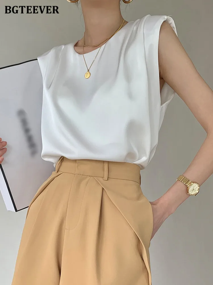 BGTEEVER Stylish Chic O-neck Women Satin Blouses 2022 Spring Summer Loose Female Sleeveless Tops Elegant Ladies Blusas