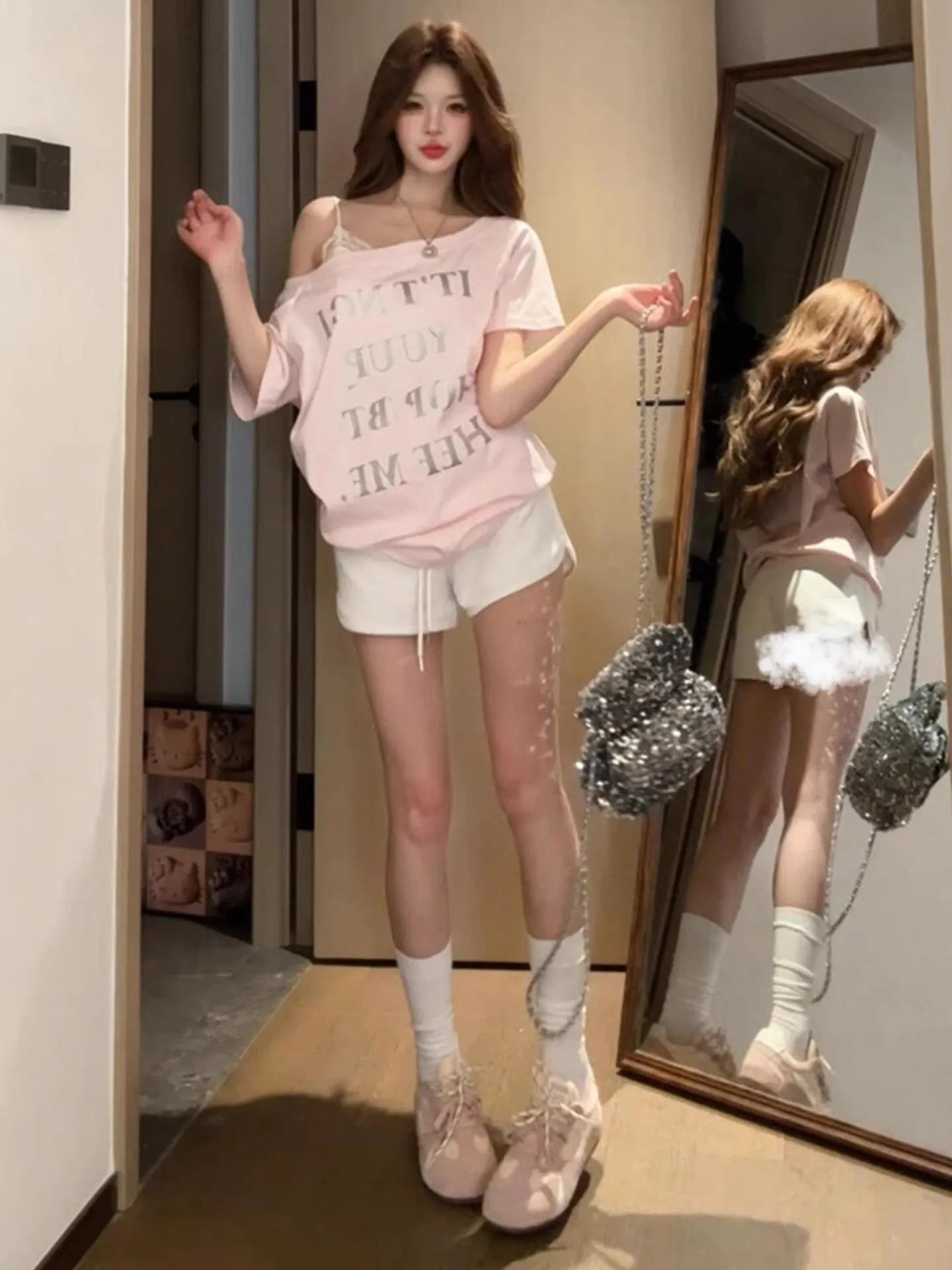American Style Spicy Girl Letter Print Pink Shoulder T-Shirt Women's Summer High-End Short Sleeve Casual Slimming Top