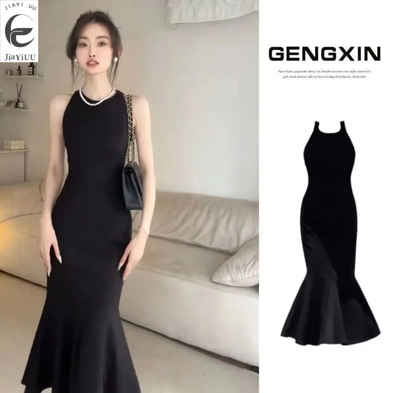 

Pure Desire Style Spicy Girl Wrapped Hip Skirt Women's Autumn Black Waist Slimming Sleeveless Dress Fish Tail Dress Elegant Long