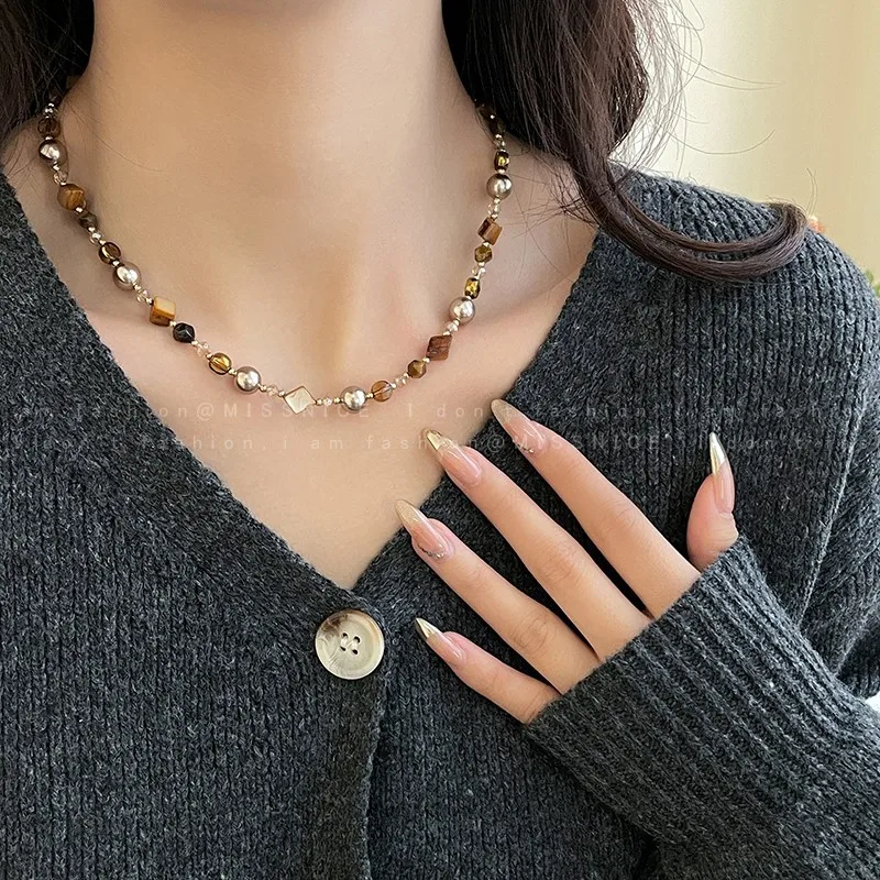 Sweater Necklace Tiger Eye Stone Pearl Caramel Tone Elegant Premium Quality Durable Lightweight for Women Daily Wear