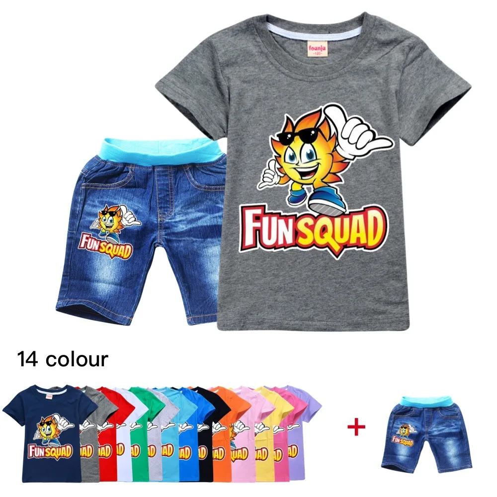 New Summer Cartoon Boys Fun Squad Gaming Clothes Kids 100% Cotton T-shirts Denim Shorts 2pcs Sets Cute Toddler Girls Outfit