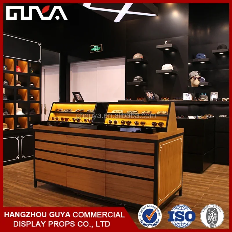 custom.Wooden Sunglasses Showcase with LED Lighting Shop Display and Storage Retail Cabinet