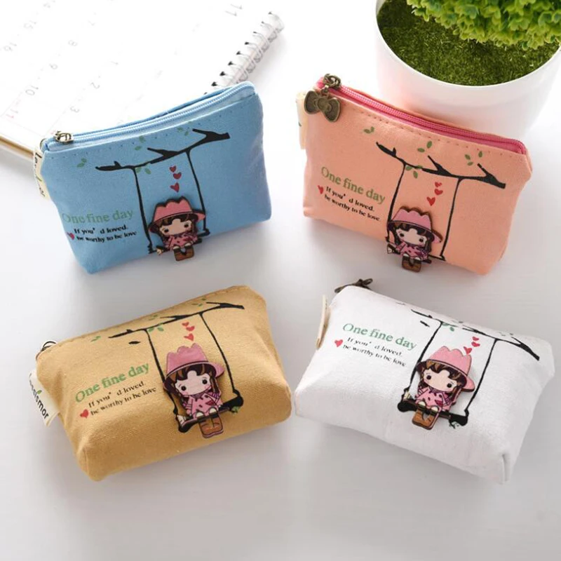 Simple Style Mini Coin Bags Cartoon Printed Canvas Small Change Key Card Classification Storage Bags Wired Headset Coin Bags