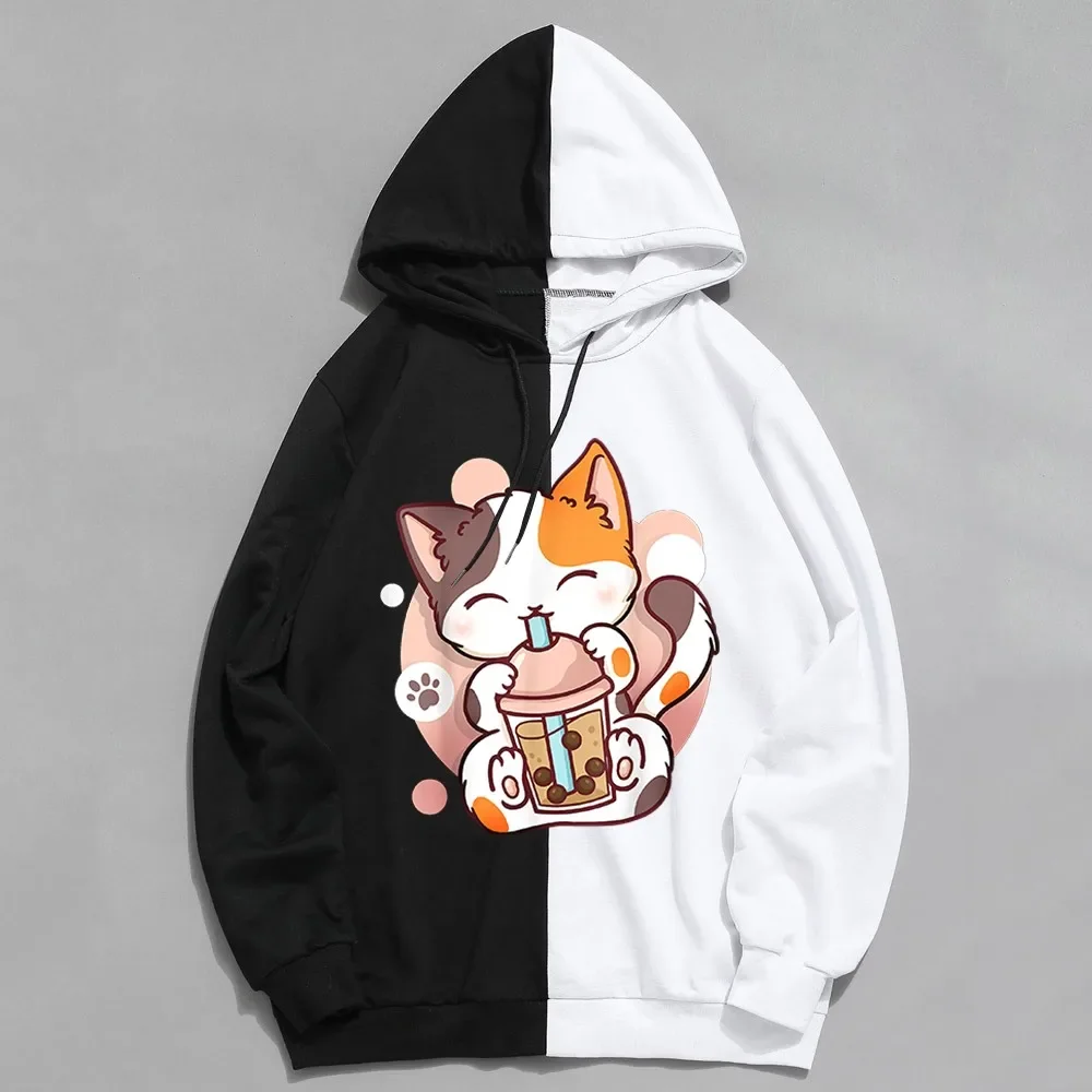 New Fashion Kawaii Cat Boba Tea Print Hoodie Men's Casual Harajuku Sweatshirt Streetwear Women Clothes Unisex Hoodies Pollover