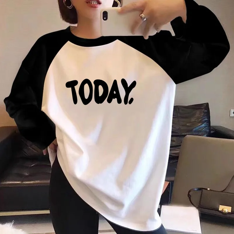 

Women Clothing Pure Cotton Basic Chic Long Sleeve T-shirt Autumn Winter Loose Casual O-neck Streetwear Tops Y2k Printed Pullover