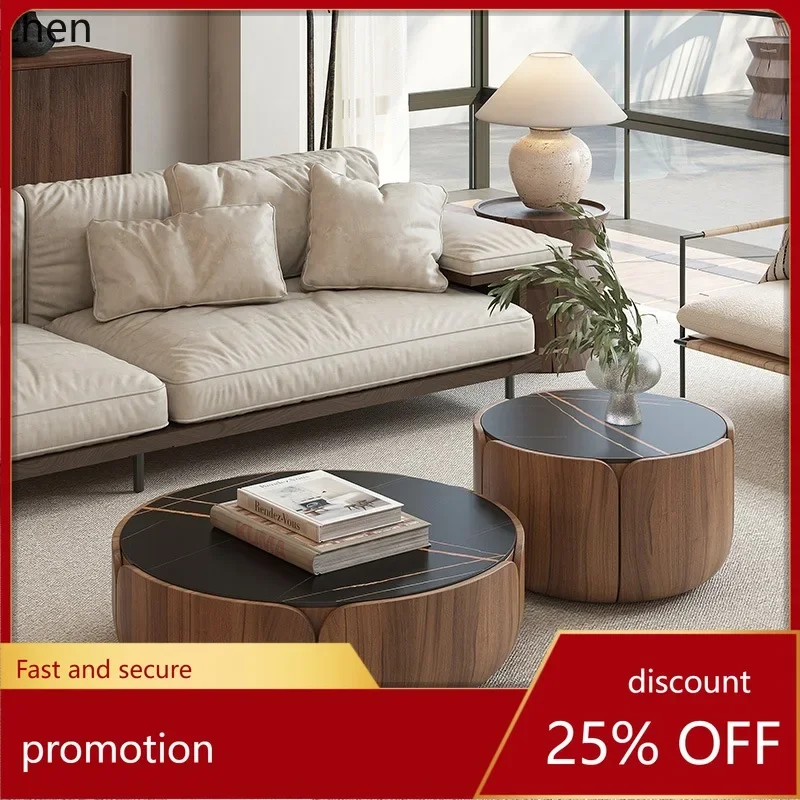W5.19 Solid Wood Coffee Table Set for Home Living Room Small Apartment Rock Slab Round Coffee Table TV Simple Modern view 3