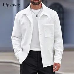 Stylish Turn-down Collar Button-up Mens Jacket 2024 Autumn Fashionable Jacquard Solid Color Jackets For Men Vintage Cardigan Top