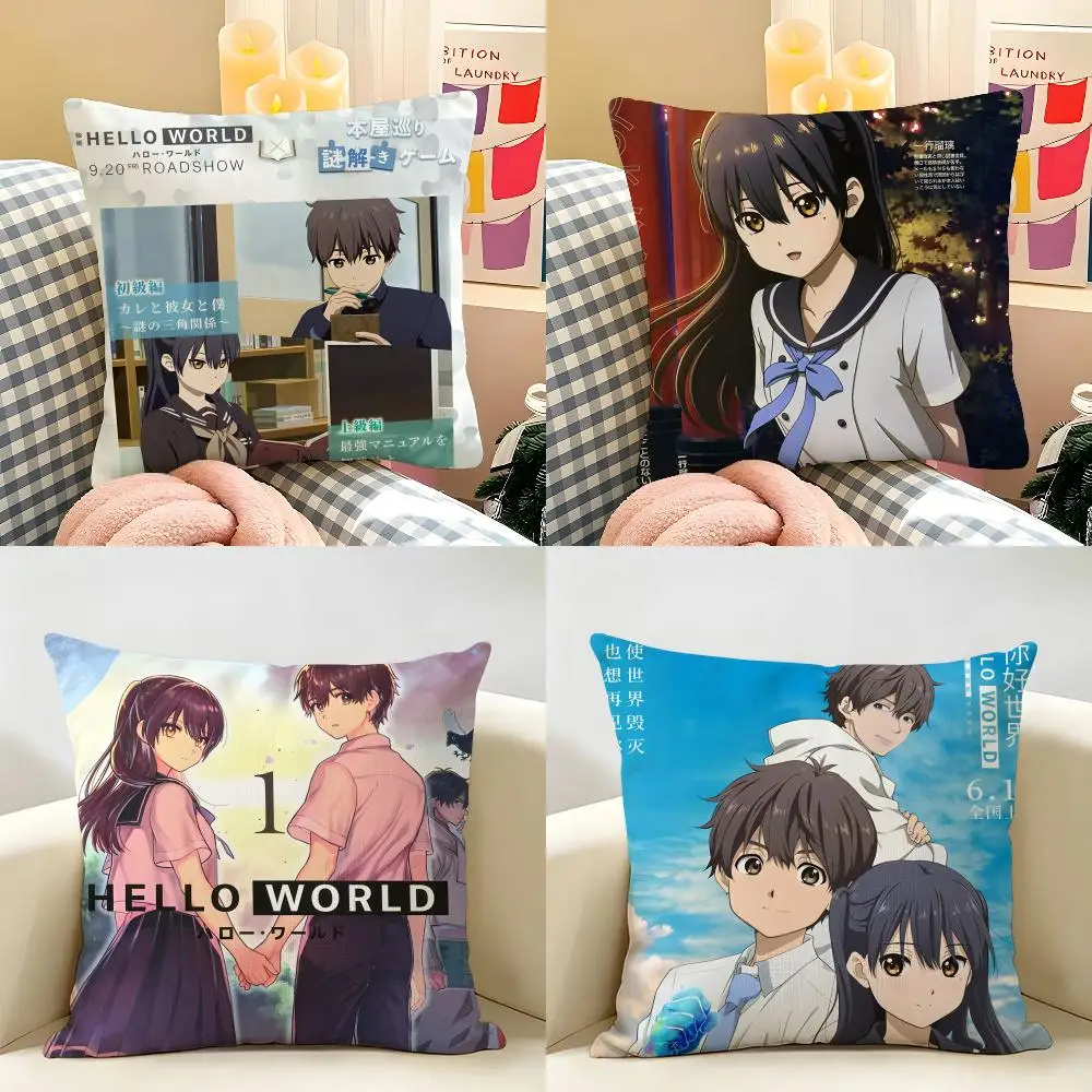 Hello W-WorldS Anime Cute Cushion Cover Natural Linen Organic Fabric Double-Sided Printing Room Sofa Decor Pillow Case