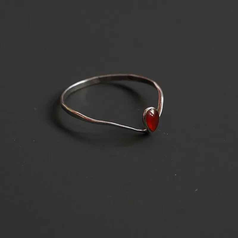 Natural Teardrop Red Agate Stackable Thin Band Handmade Ring 925 Sterling Silver Fine Jewelry Vintage Daily For Women