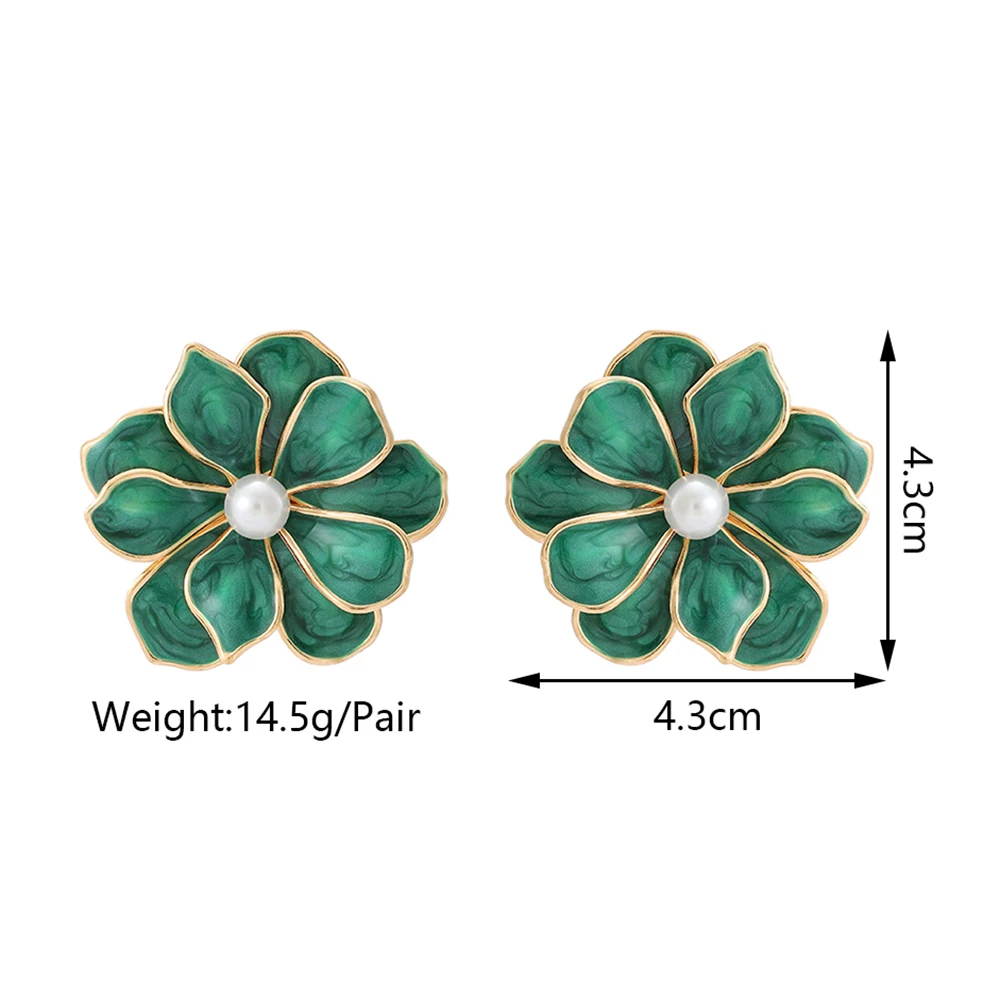 Fashion Charming Enamel Metal Flower Imitation Pearl Decor Stud Earrings For Women Luxury Design Wedding Party Statement Jewelry