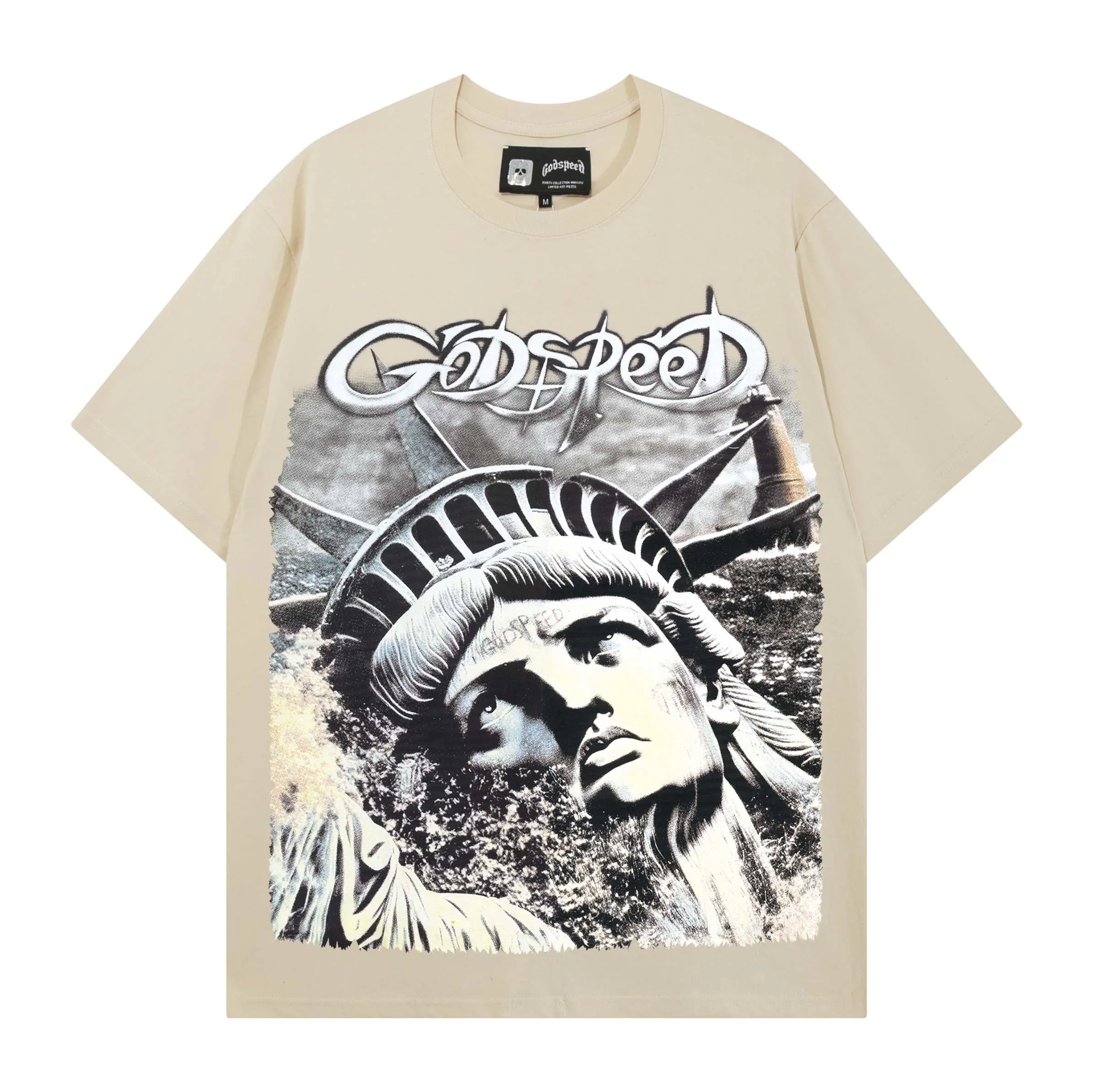 American Style Godspeed Trendy Brand Statue Print Heavyweight Double Thread High Quality Pure Cotton Loose Short Sleeve T-Shirt