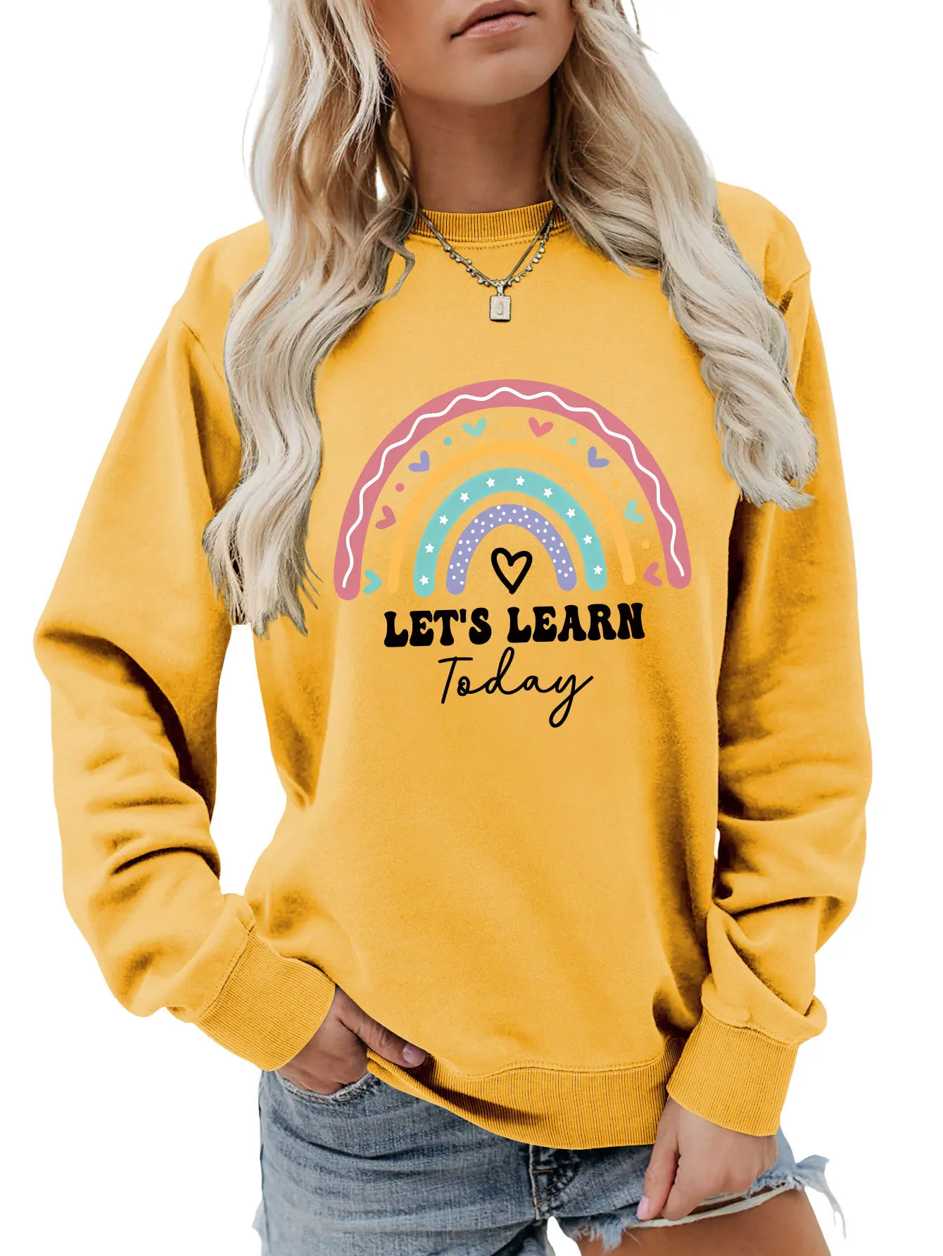 Autumn new crew-neck casual T-shirt hoodie rainbow let's learn today printed ladies loose long-sleeved top with all fashion pull