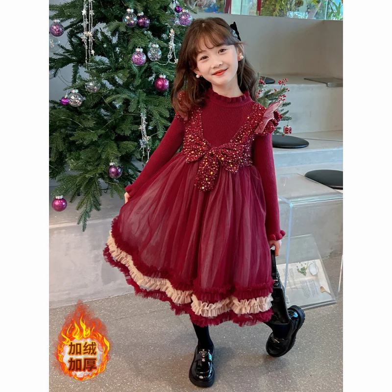 

Red Children's Autumn and Winter Dress Princess Dress Knitted Tulle Skirt2024Western Style Winter Birthday Dress Pettiskirt