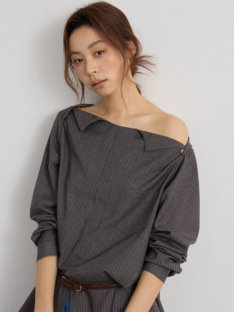 

Loose Striped One-Shoulder Casual Style Women's Shirt by about Passion Polyester Fabric Long Sleeve Polyester Blend Elastic F...