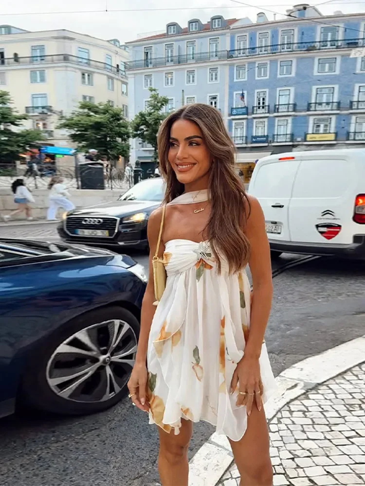 

Starfish Print A-line Mini Dress Off Shoulder Backless Ruffle Patchwork Loose Robe For Women 2025 Summer Y2k Vacation Beach Gown