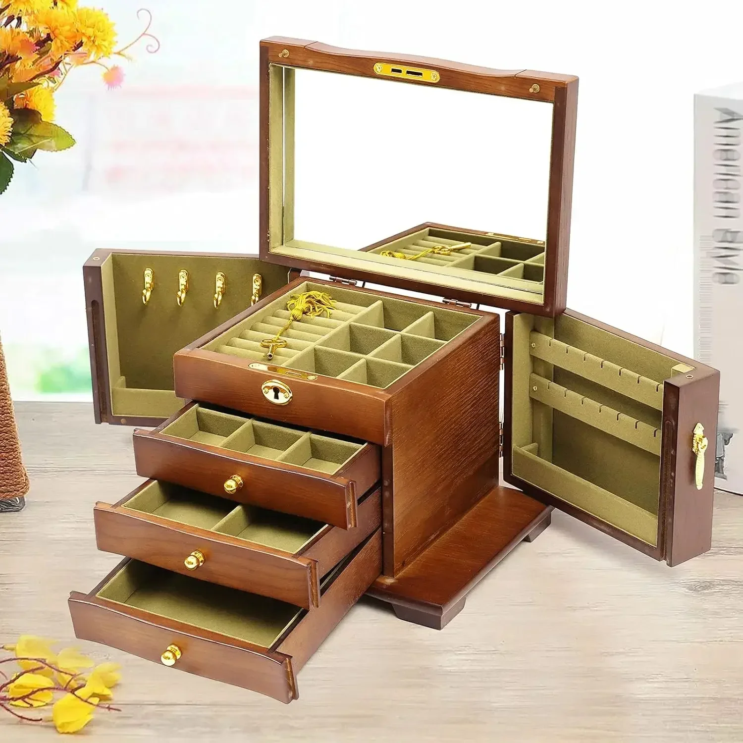 Large Wooden Jewelry Box with Mirror and Lock, 4 Layers Locking Jewelry Organizer, Watches Necklace Ring Storage Box for Women