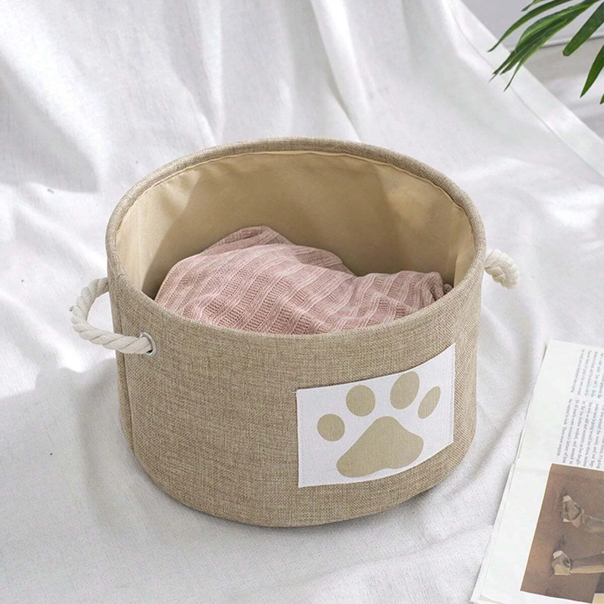 1pc-Foldable striped pet toy basket, dog toy storage box with woven rope handle, pet storage box for dog toys and accessories