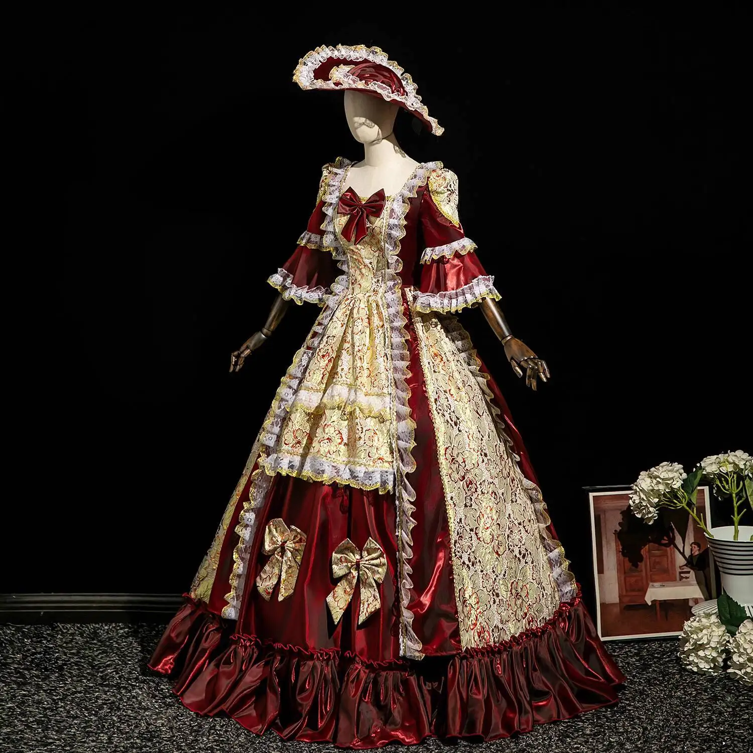 New Wine Red Festooned Vehicle Cruise European Style Court Palace Princess Dress Catwalk Christmas Perform Annual Meeting Women