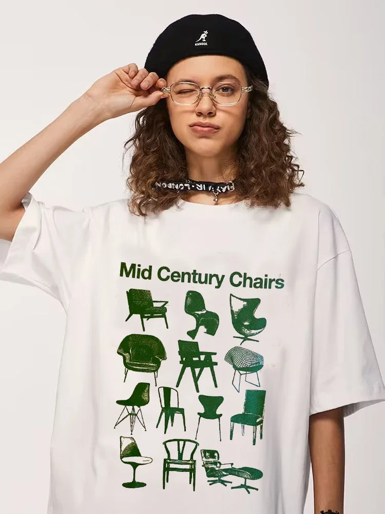 Mid Century Chairs Vintage Style Printing Graphic Tees Unisex Loose Cotton Short Sleeve Tops Tees Street Fashion Summer T Shirts