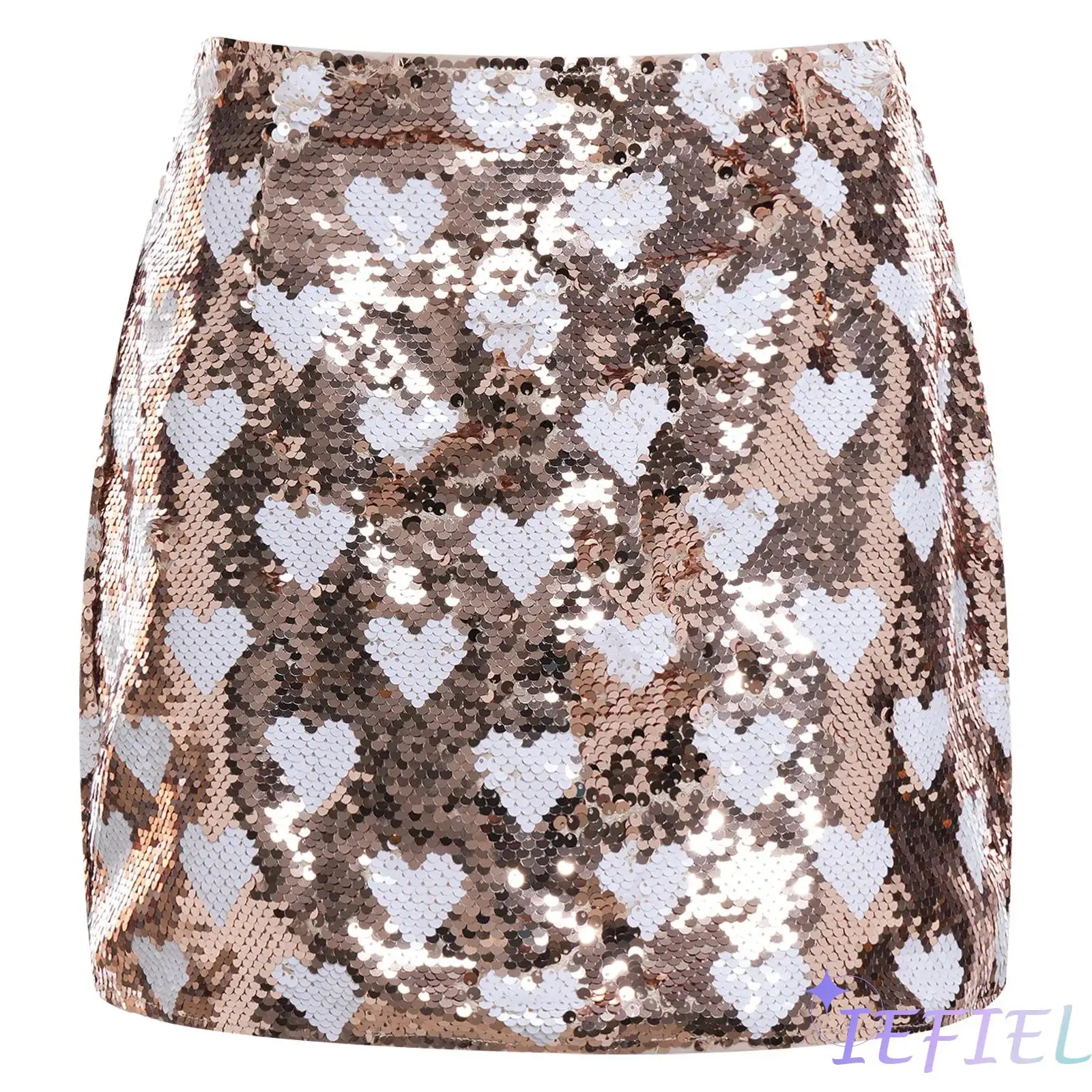 Womens Glittery Sequin Skirt Heart Pattern Allover Sequin with Lining Back Zipper Bodycon Skirt for Valentines Party Club