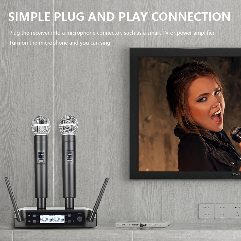 Sem fio Handheld Dual Canais Microfone, UHF, Frequência Fixa, Mic Dinâmico para Karaoke, Wedding Party Band, Church Show