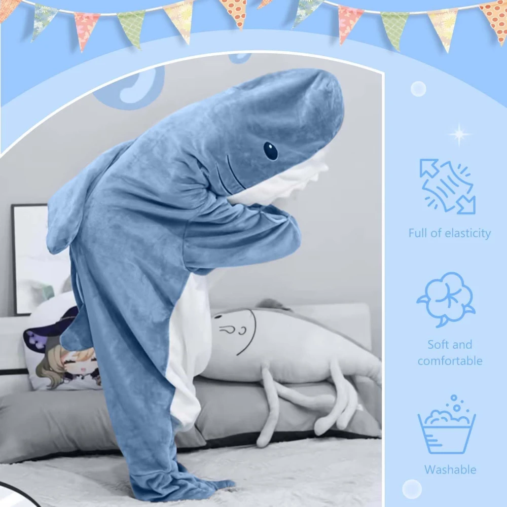 Shark Cartoon Sleeping Bag Adult Pajama Hooded Warm Flannel Blanket Funny Homewear Super Soft Onesie Sleeping Bag Winter Warm