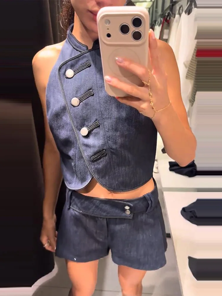 Neue sexy Damen-Partykleidung: Crop-Top mit seitlicher Knopfleiste, ärmellose Neckholder-Weste und Low-Waist-Shorts im Streetwear-Stil – Detail 18