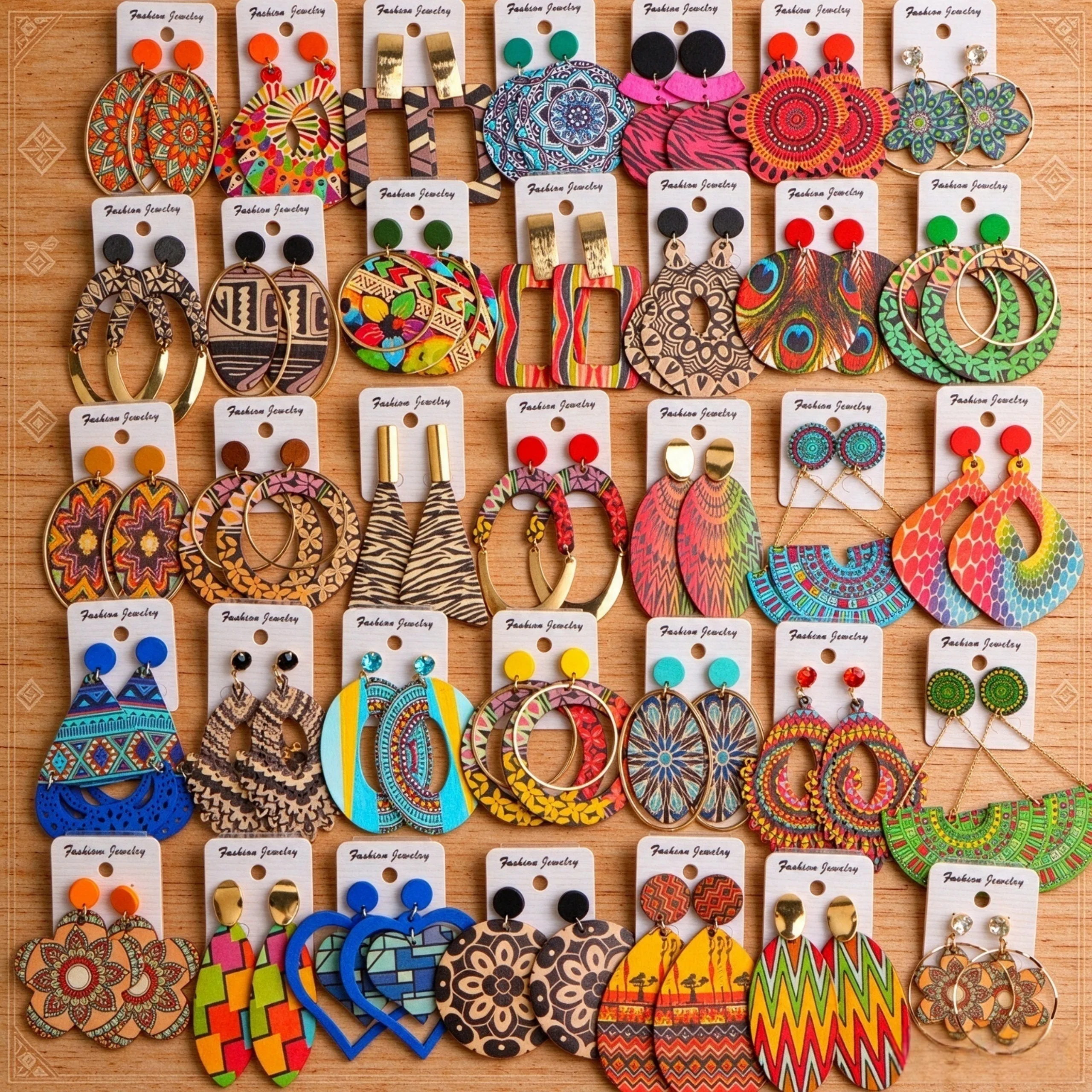 12Pairs/Lot Bohemian Style Colorful Wooden Women's Pendant Earrings Ethnic Geometric Earrings Party Daily Vacation Jewelry Gifts