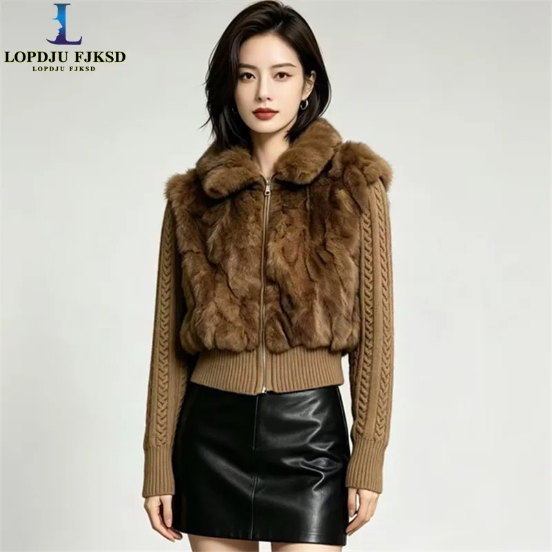 Women's Real Rabbit Fur Coat Autumn Winter Short Jacket Thick Warm Turn-down Collar Elegant Female Outerwear
