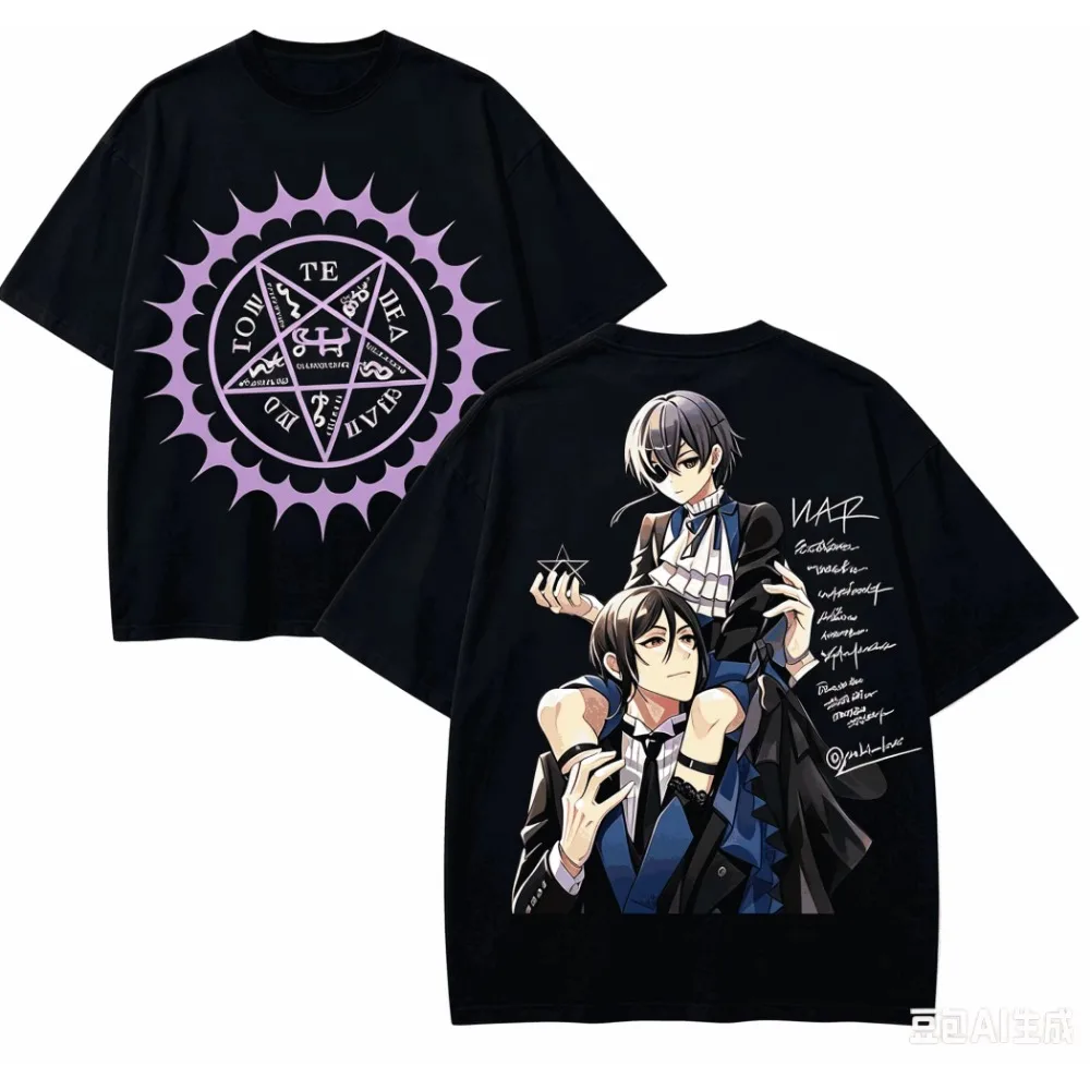 Black Butler Anime Graphic T‑shirt Unisex Vintage Washed Cotton Oversized Harajuku High Street Retro Casual Tops