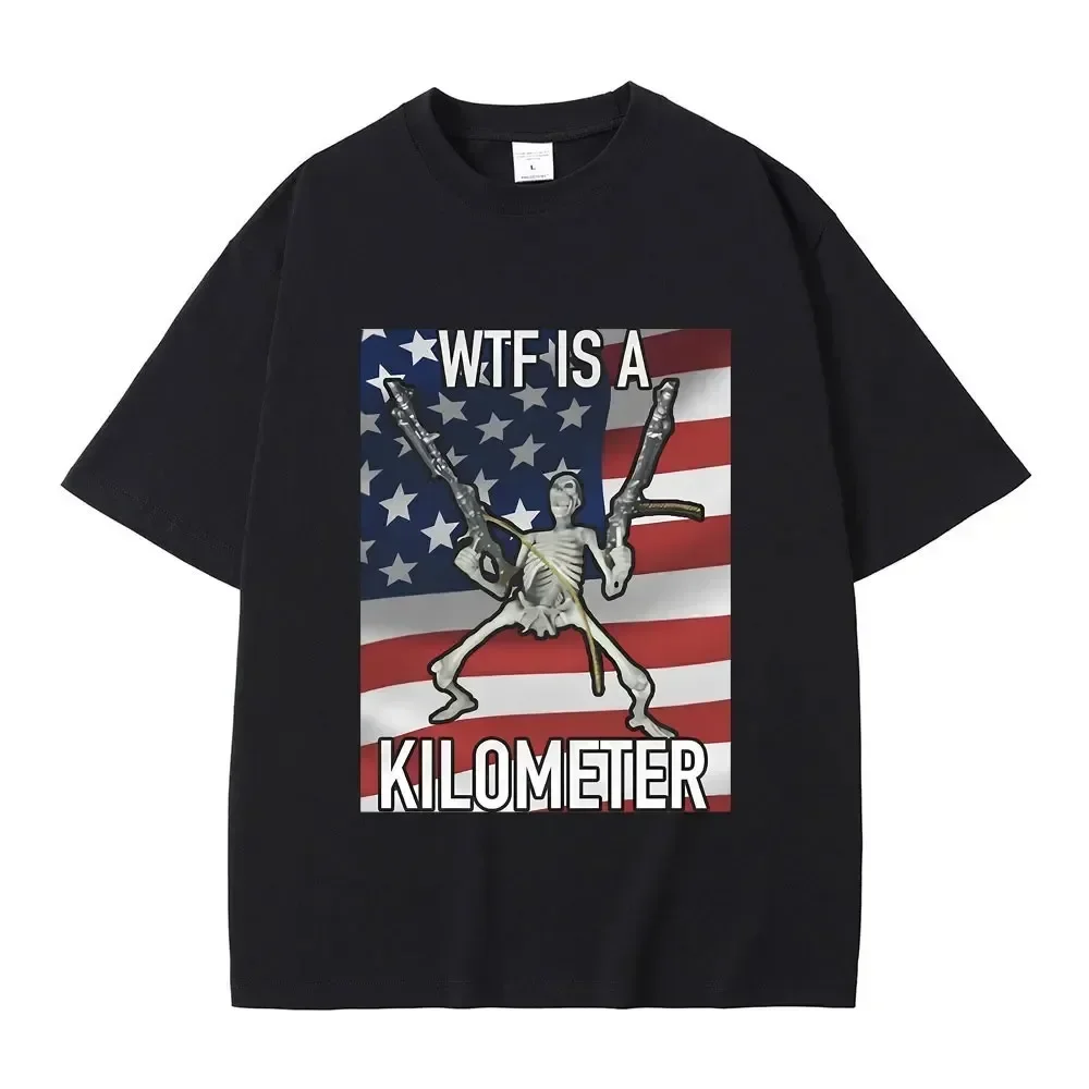 Women's Fashion Casual Vintage T-shirt 2024 Fashion Summer WTF Is A Kilometer Funny Skeleton Meme Graphic Print T-Shirt