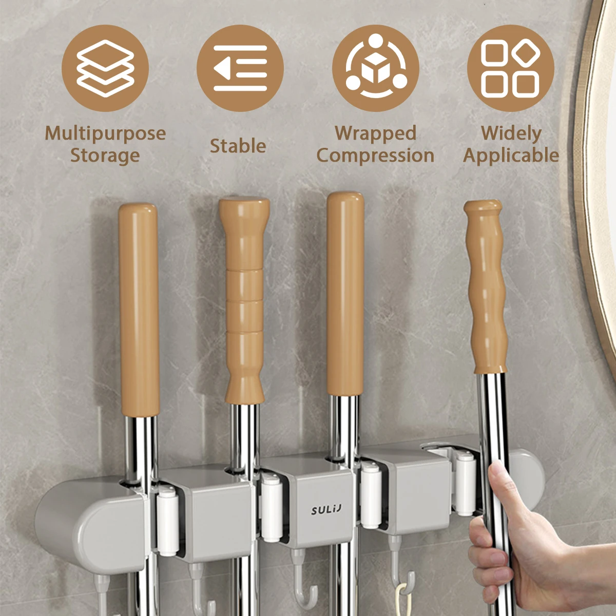 Wall-Mount Mop Holder No Drilling Self-Adhesive Broomstick Multifunction Storage Rack with Hooks for Kitchen Bathroom Organizer